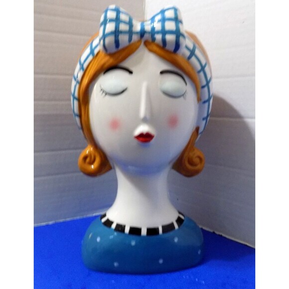 NEW Large Retro Style Lady Head Vase Figurine 1950's Style Girl Ceramic - Picture 6 of 8
